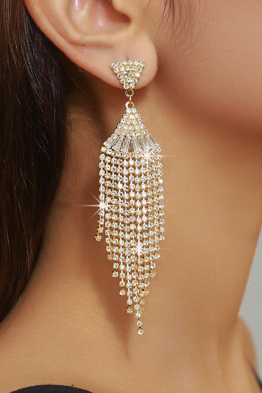 Sparkly Golden Fringed Party Drop Earrings with Rhinestones
