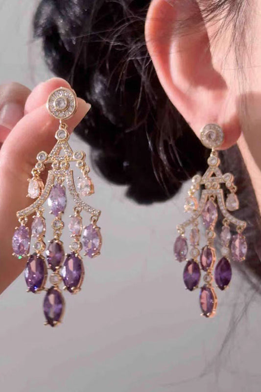 Sparkly Purple Leaf Shaped Prom Drop Earrings with Rhinestones