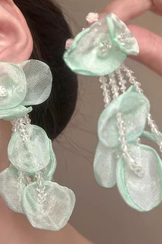 Sparkly Light Green Petal Layered Prom Dropping Earrings with Beading