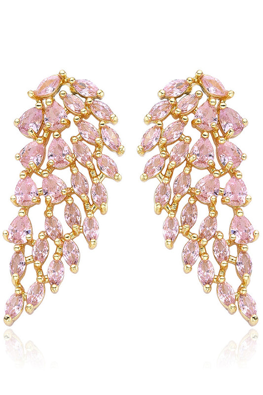 Sparkly Pink Leaf Shaped Prom Drop Earrings with Rhinestones