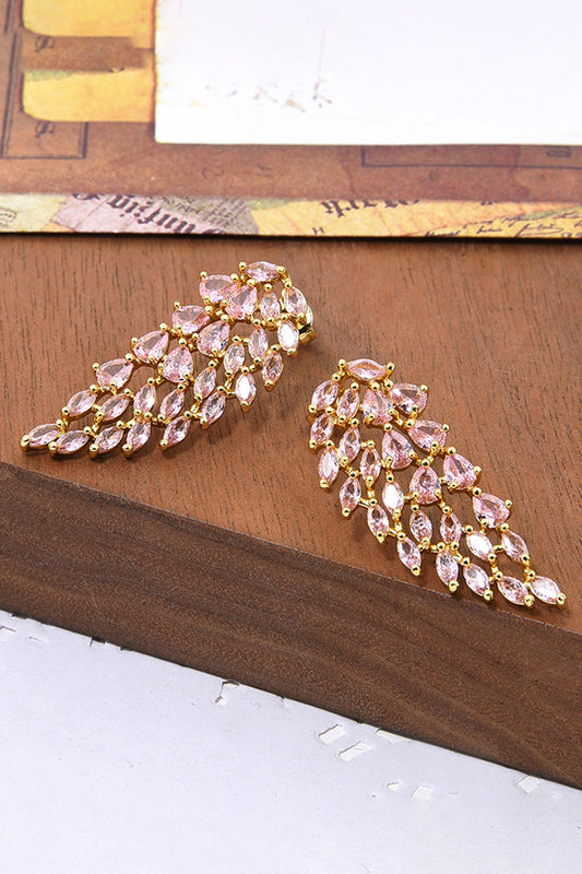 Sparkly Pink Leaf Shaped Prom Drop Earrings with Rhinestones