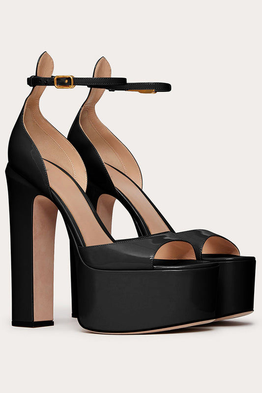 Black Open Toe Chunky Prom High Heels