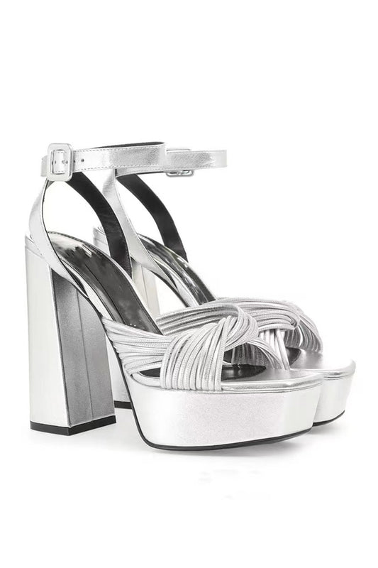 Silver Chunky Open Toe Prom High Heels
