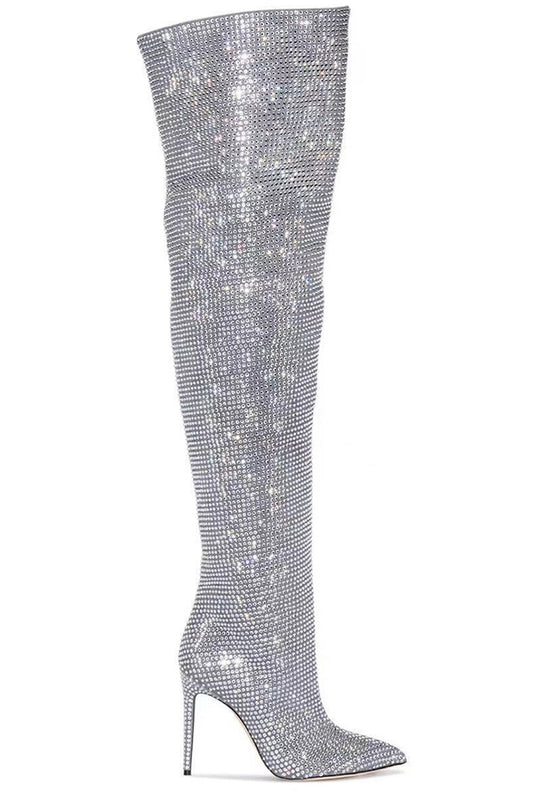 Sparkly Silver Sequin Stilettos Prom Thigh Boots