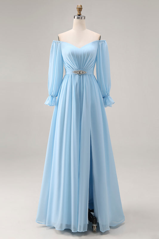Sky Blue Chiffon Off the Shoulder Long Sleeves Bridesmaid Dress with Rhinestone