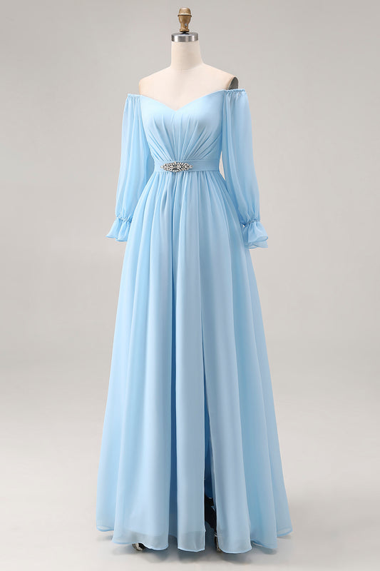 Sky Blue Chiffon Off the Shoulder Long Sleeves Bridesmaid Dress with Rhinestone
