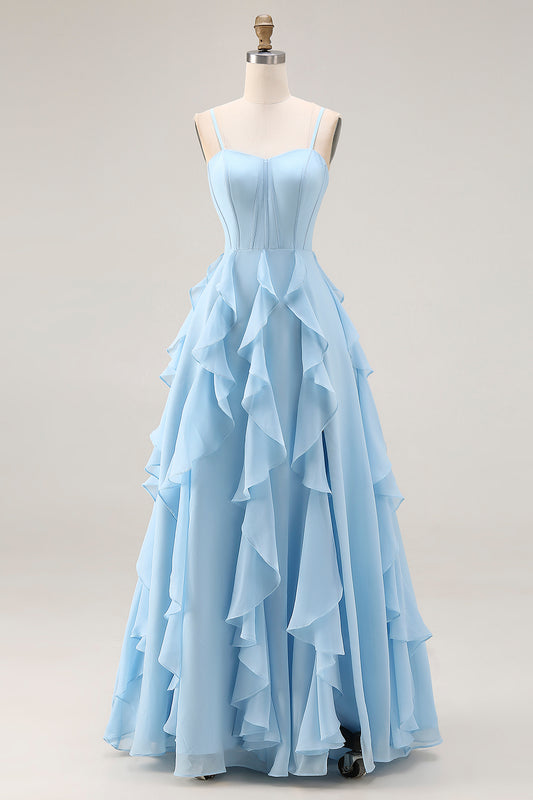 Sky Blue Ruffled A Line Spaghetti Straps Long Corset Bridesmaid Dress