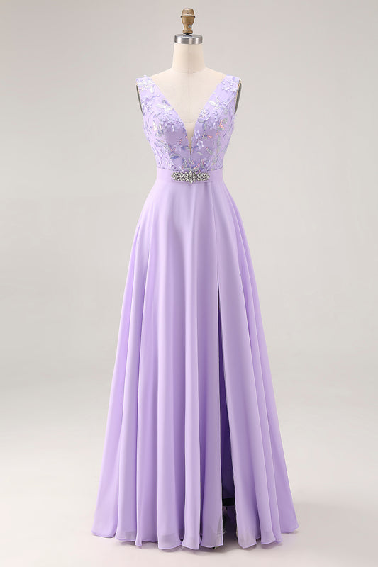 Floral Lilac A Line V-Neck Rhinestone Long Bridesmaid Dress with Slit