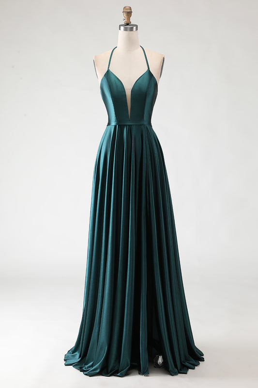 Sparkly Dark Green Halter Neck A Line Long Prom Dress with Slit