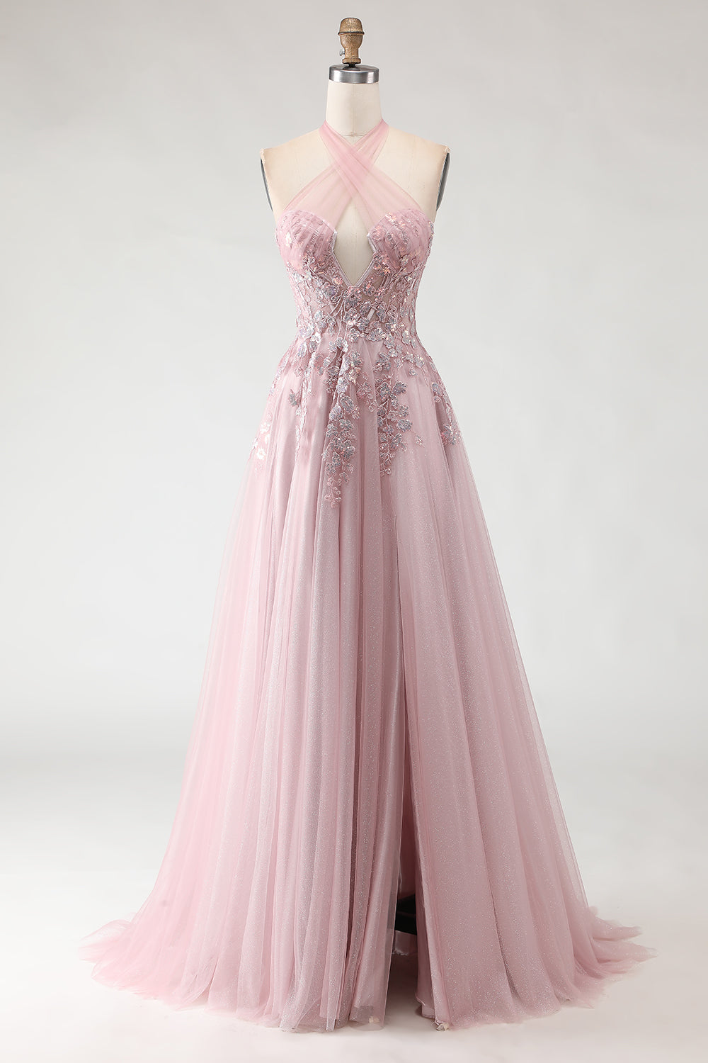 Zapakasa Women Sparkly Blush Pink Long Prom Dress with Slit Tulle Appliqued Sequins A-Line Halter Pageant Dress with Keyhole