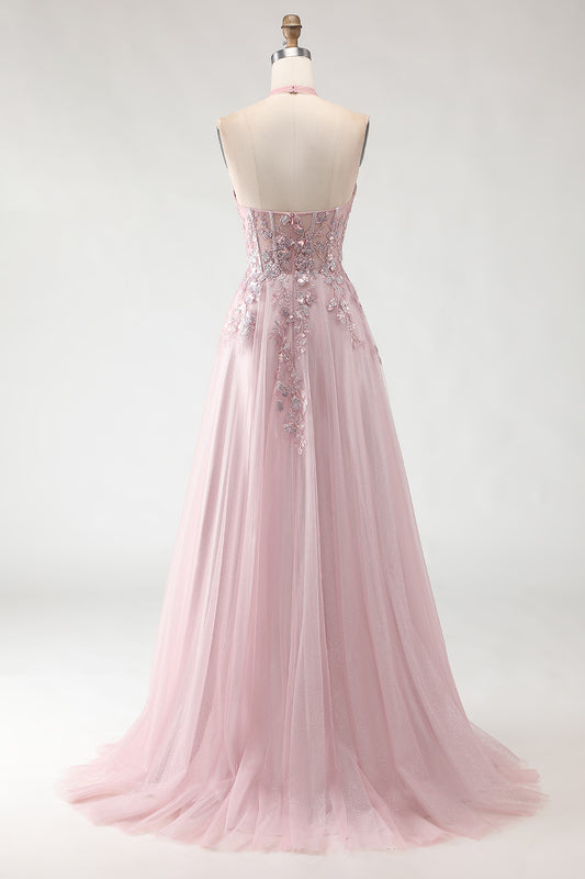 Sparkly Blush Pink A-Line Tulle Long Prom Dress with Appliques