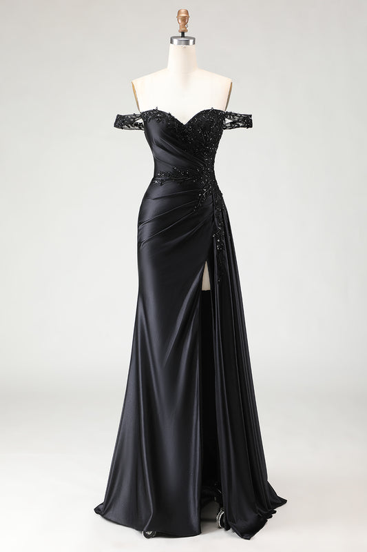Sparkly Black Off the Shoulder Mermaid Long Prom Dress with Slit