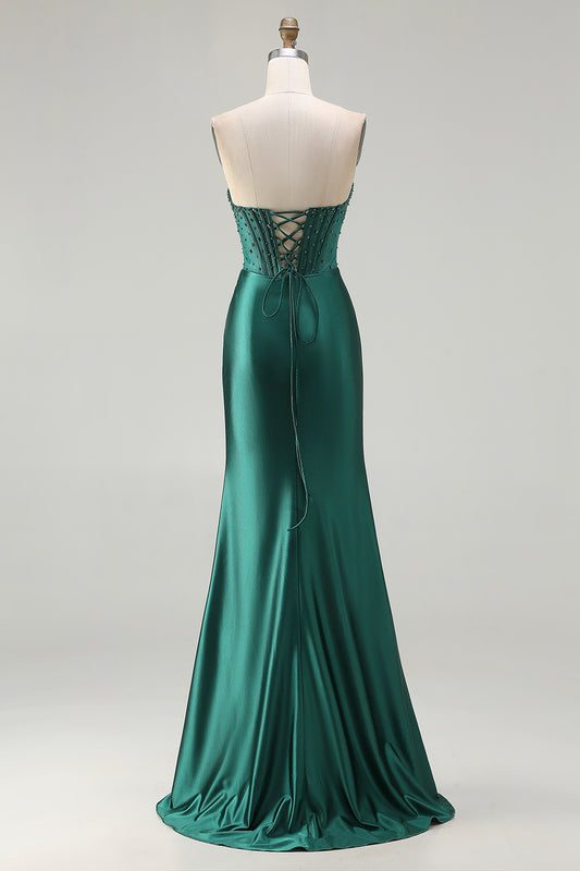 Sparkly Dark Green Beaded Mermaid Long Corset Prom Dress with Slit