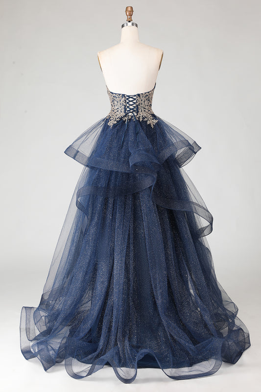 Sparkly Floral Navy A Line Ruffled Princess Long Prom Dress with Appliques