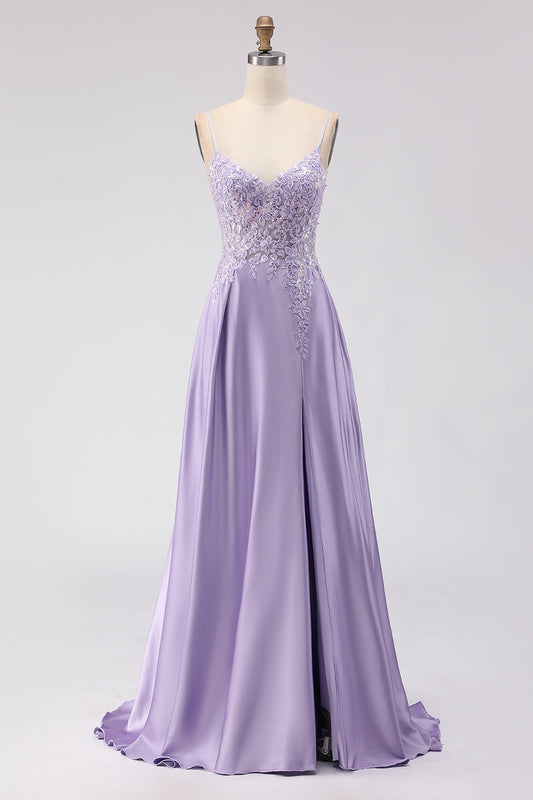 Sparkly Purple Satin A Line Appliqued Long Prom Dress with Slit