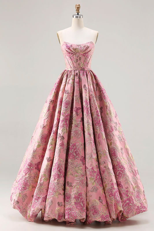 Floral Pink A Line Jacquard Strapless Long Corset Prom Dress