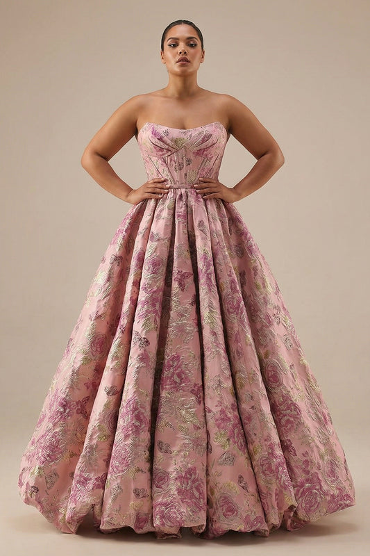 Plus Size Floral Pink A Line Jacquard Strapless Long Corset Prom Dress