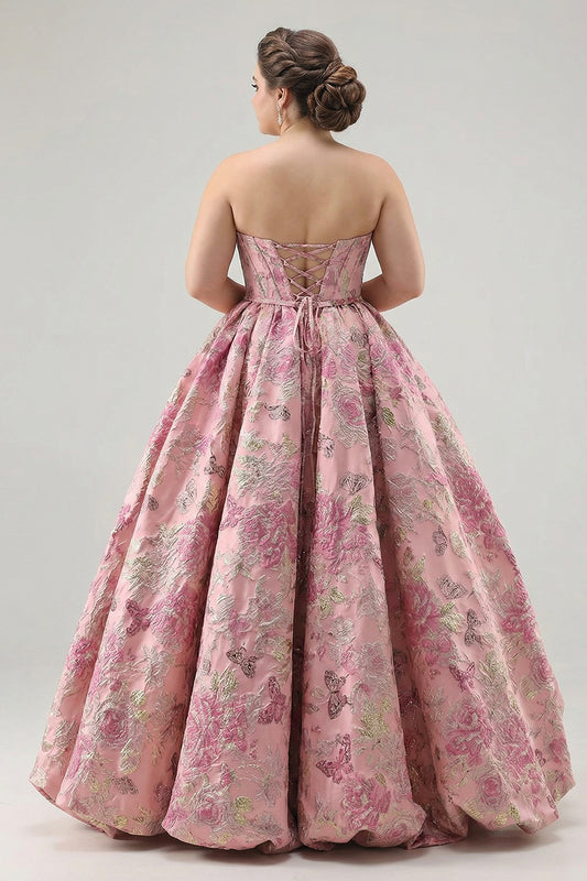 Plus Size Floral Pink A Line Jacquard Strapless Long Corset Prom Dress
