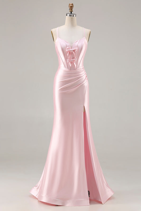 Sparkly Pink Satin Mermaid Ruched Long Corset Prom Dress with Bows