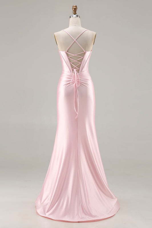 Sparkly Pink Satin Mermaid Ruched Long Corset Prom Dress with Bows
