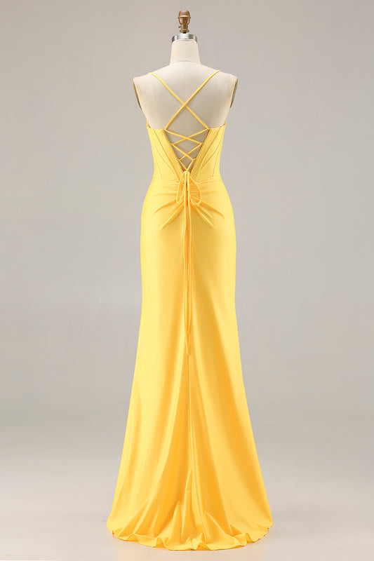 Sparkly Yellow Mermaid Ruched Long Corset Prom Dress with Beading
