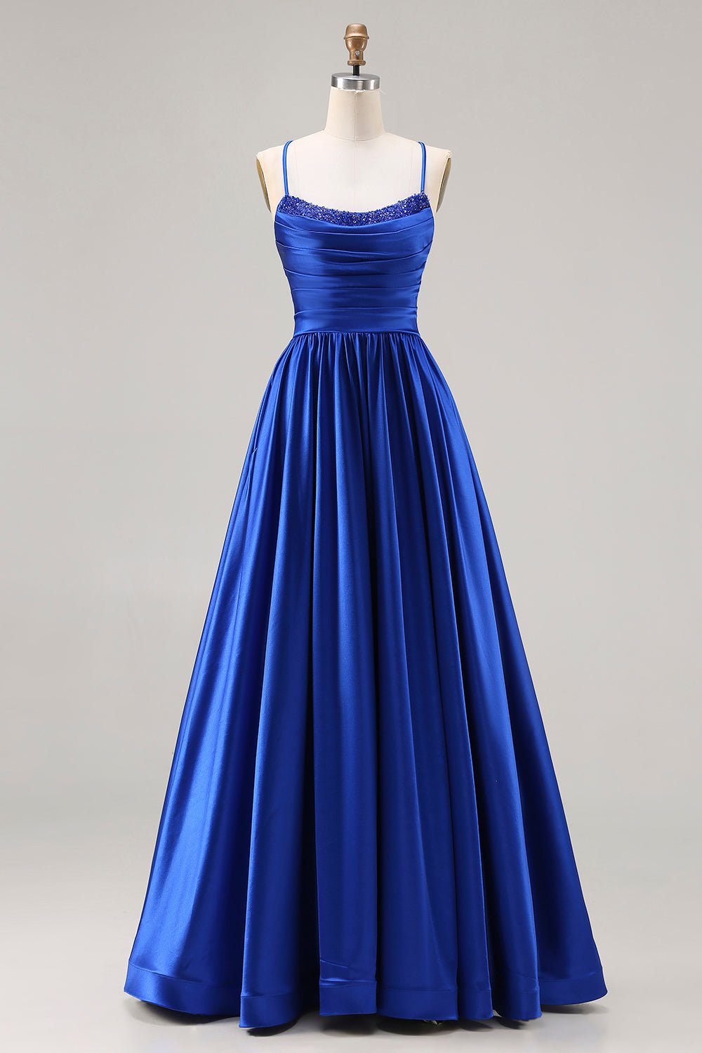 Zapaka Women Royal Blue Long Prom Dress Beaded A-Line Spaghetti Straps Ruched Satin Formal Dress with Lace Up Back, Royal Blue / US10 Zapaka Women Royal Blue Long Prom Dress Beaded A-Line Spaghetti Straps Ruched Satin Formal Dress with Lace Up Back, Royal Blue / US10