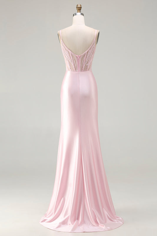 Sparkly Pink Beaded Mermaid Satin Long Corset Prom Dress with Slit
