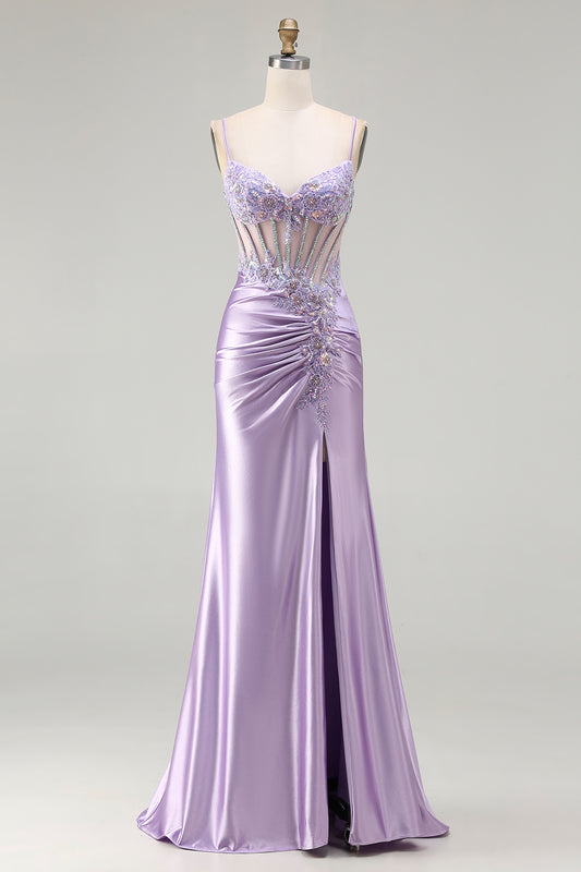Sparkly Floral Light Purple Sequin Long Corset Prom Dress with Slit