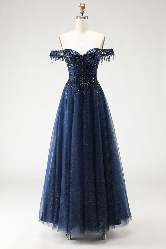 Sparkly Navy A-Line Tulle Long Corset Prom Dress with Beading