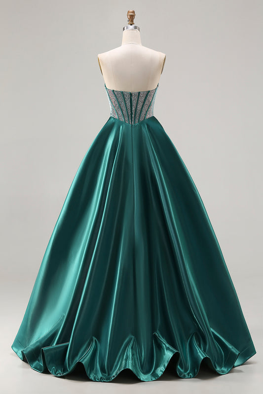 Sparkly Dark Green Satin Sweetheart Long Corset Prom Dress with Beading