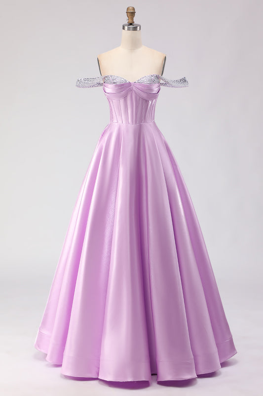 Sparkly Light Purple A Line Off the Shoulder Long Corset Prom Dress with Beading