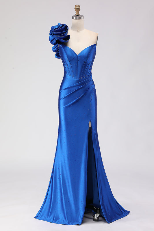 Royal Blue Satin Mermaid Beaded Long Corset Prom Dress with Slit