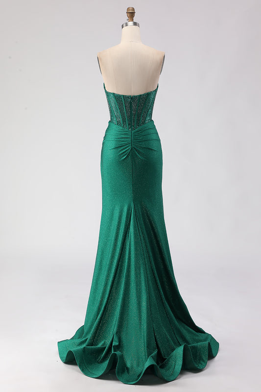 Sparkly Dark Green Sweetheart Mermaid Long Corset Prom Dress with Slit