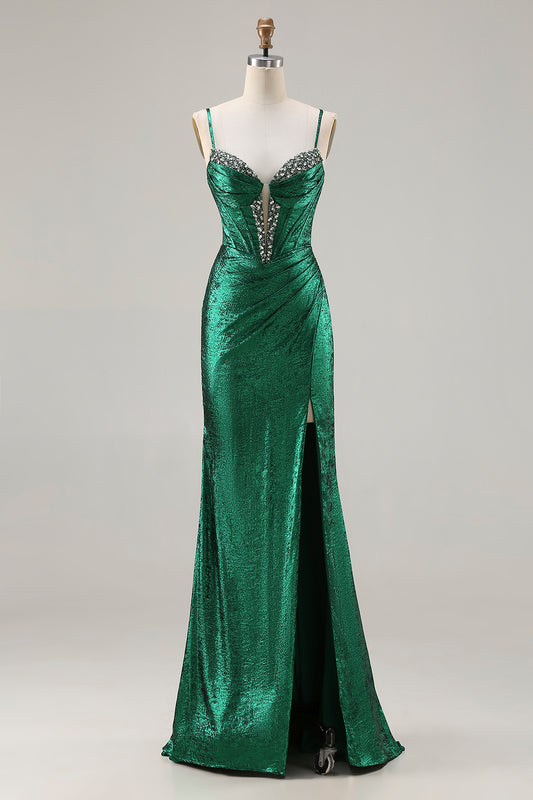 Sparkly Dark Green Beaded Mermaid Ruched Long Corset Prom Dress with Slit