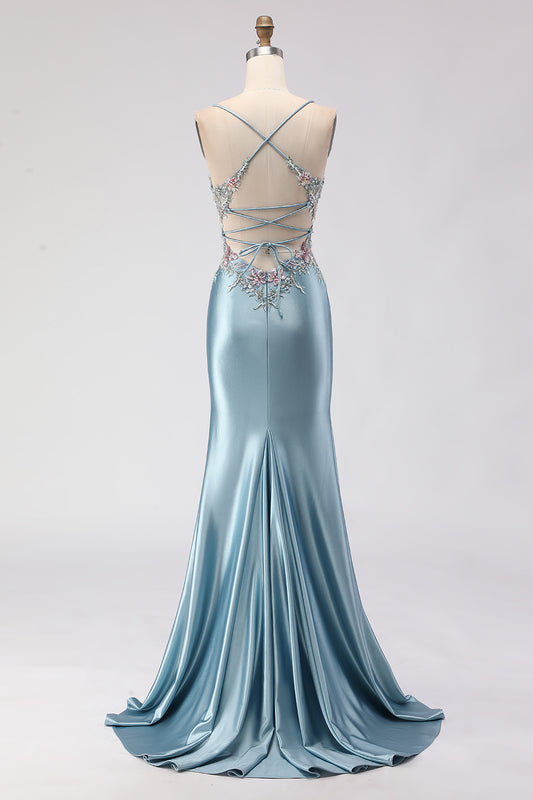 Floral Grey Blue Mermaid Spaghetti Straps Long Corset Prom Dress with Slit