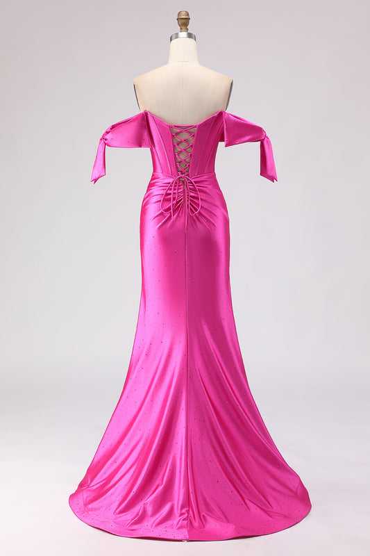 Sparkly Fuchsia Beaded Mermaid Long Corset Prom Dress with Slit