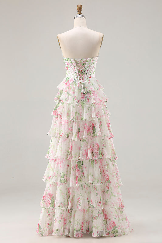 Floral Pink Tiered A Line Ruffled Long Corset Prom Dress with Slit