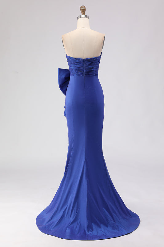 Royal Blue Satin Strapless Mermaid Long Prom Dress with Slit