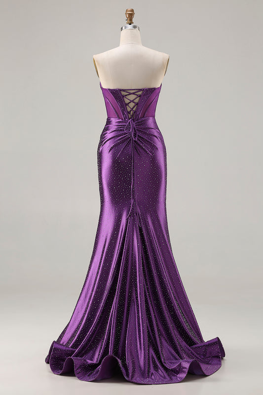 Sparkly Dark Purple Beaded Mermaid Long Corset Prom Dress with Slit