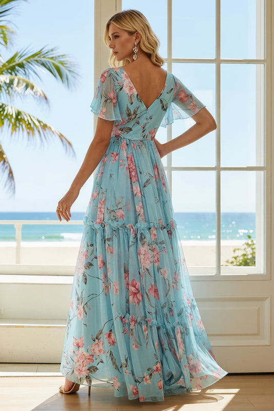 Floral Blue and Pink Ruffled A Line V-Neck Long Bridesmaid Dress