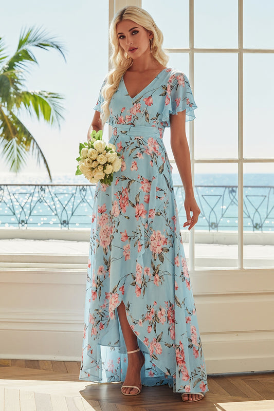 Floral Blue and Pink V-Neck Asymmetrical Bridesmaid Dress with Sleeves