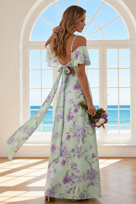 Floral Green and Purple Sheath Cold Shoulder Long Bridesmaid Dress with Slit