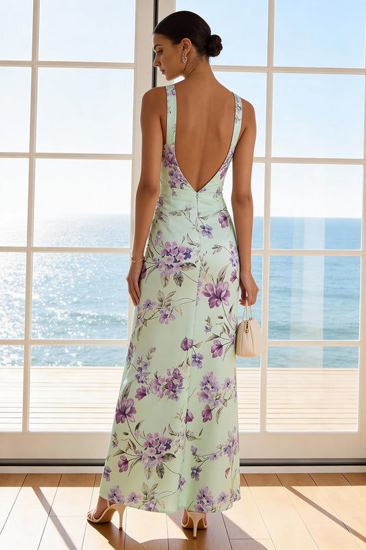 Green and Purple Floral Mermaid Ruched V-Neck Long Bridesmaid Dress