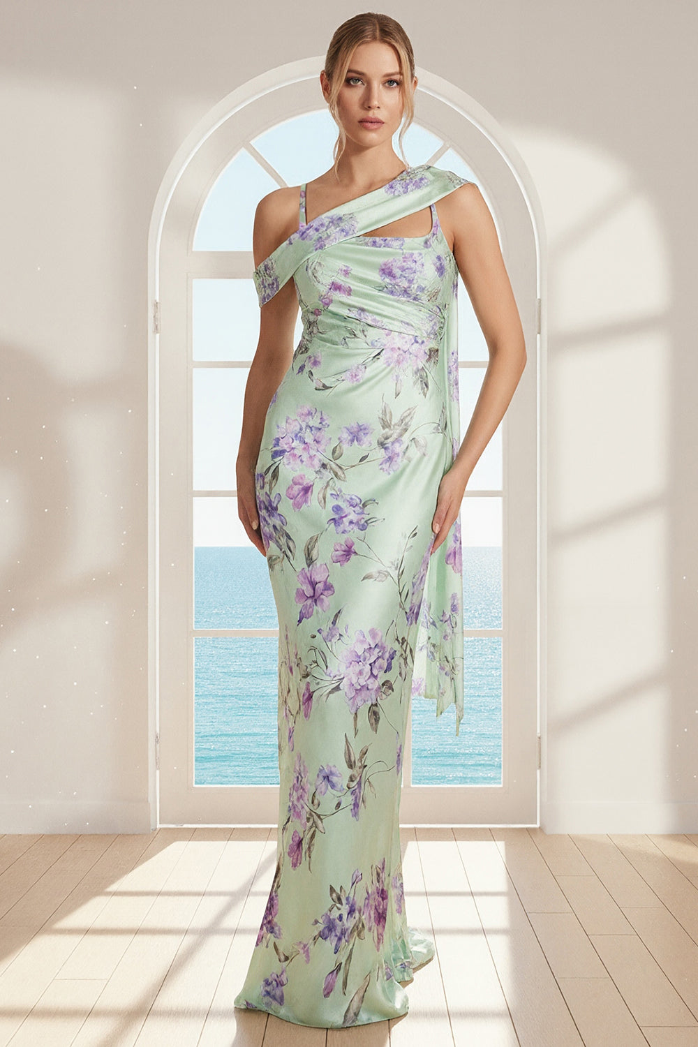 Zapakasa Women Floral Green and Purple Ruched Long Bridesmaid Dress with Side Cape Satin Mermaid Spaghetti Straps Wedding Guest Dress Zapakasa Women Floral Green and Purple Ruched Long Bridesmaid Dress with Side Cape Satin Mermaid Spaghetti Straps Wedding Guest Dress