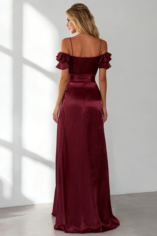 Burgundy Cold Shoulder A Line Ruffled Long Bridesmaid Dress with Slit