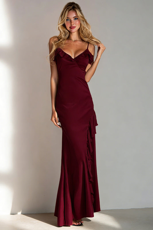 Burgundy Spaghetti Straps Satin Long Bridesmaid Dress with Ruffles