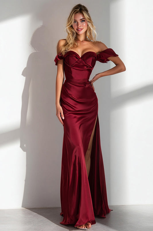 Simple Burgundy Off the Shoulder Mermaid Satin Long Bridesmaid Dress with Slit