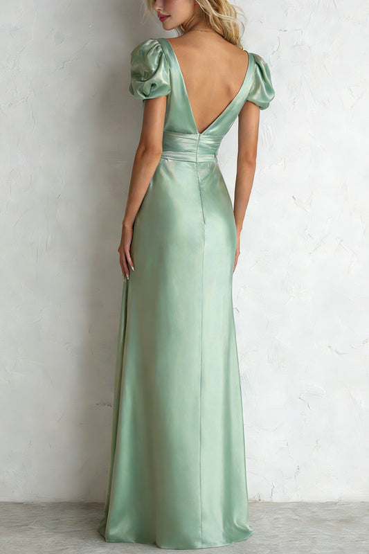 Light Green Satin Short Sleeves V Neck A Line Long Bridesmaid Dress with Slit