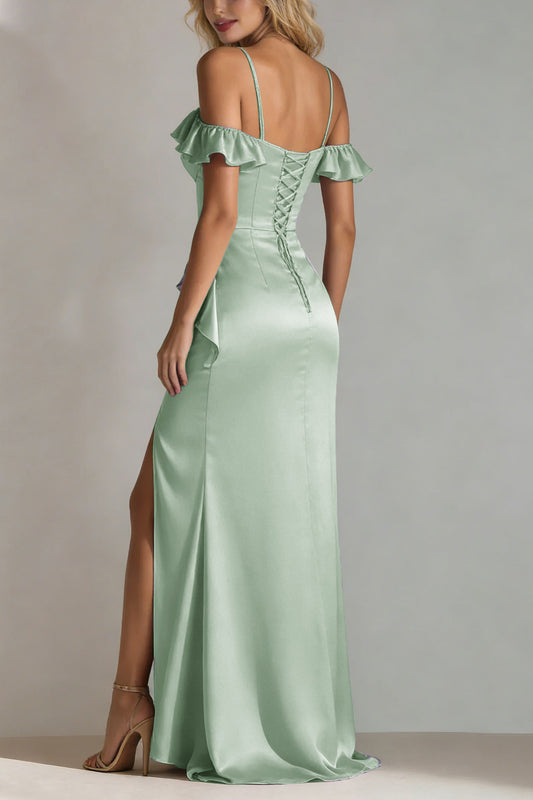 Light Green A Line Cold Shoulder Ruffled Satin Long Bridesmaid Dress with Slit