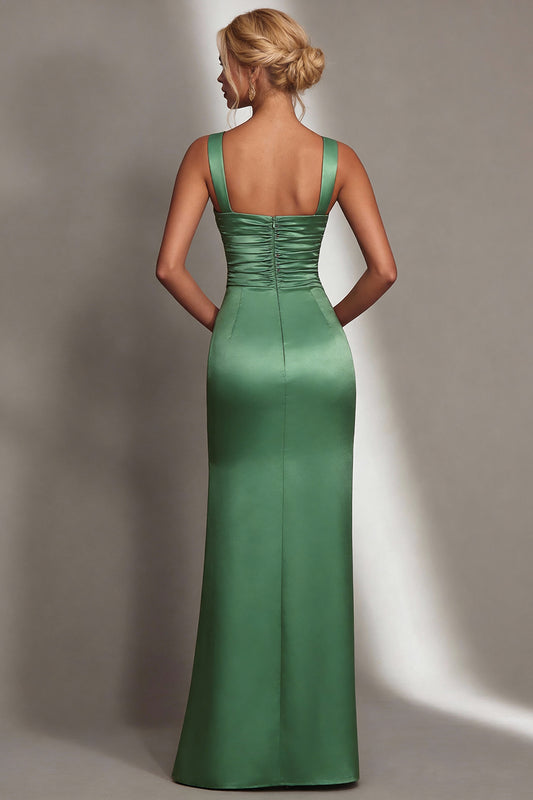 Green Square Neck Mermaid Long Bridesmaid Dress with Slit